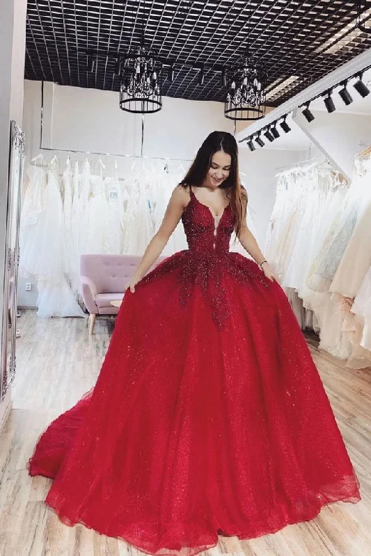 Burgundy Ball Gown V neck Spaghetti Straps Tulle Prom Dresses with Appliques STI15083 Burgundy Ball Gown V neck Spaghetti Straps Tulle Prom Dresses with Appliques STI15083