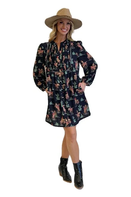 Fashion Express Women's Black Western Print Dress