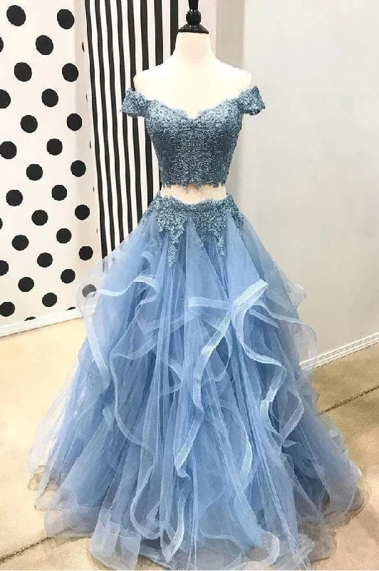 Blue Off the Shoulder Two Pieces Tulle Beads Prom Dresses with Lace Appliques STI15500 Blue Off the Shoulder Two Pieces Tulle Beads Prom Dresses with Lace Appliques STI15500