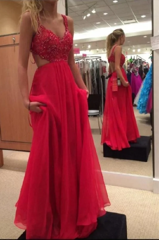 Beautiful Long Flowy Chiffon Lace Beading Red Prom Dresses PY98BCP4