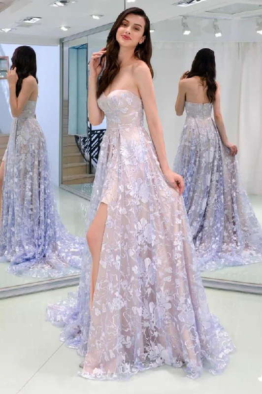 Charming Sweetheart Strapless Lace Appliques Lilac Prom Dresses with STI20404