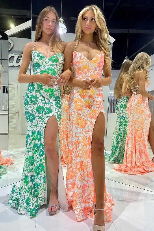 Mermaid Orange Sequin Lace V Neck Prom Dresses