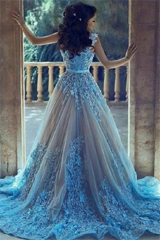 Charming Long Gorgeous Blue Lace Applique Prom Dresses PYSABT1Z
