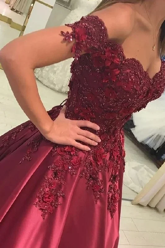 Burgundy Prom Dress Satin Ball Gown Off-The-Shoulder P4JPML8D
