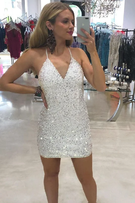 Sparkle White Sequins Short Homecoming Dress c3276