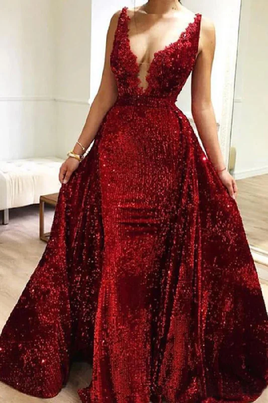 Burgundy Sequins Long V Neck Prom Dresses Lace PD43CMCS