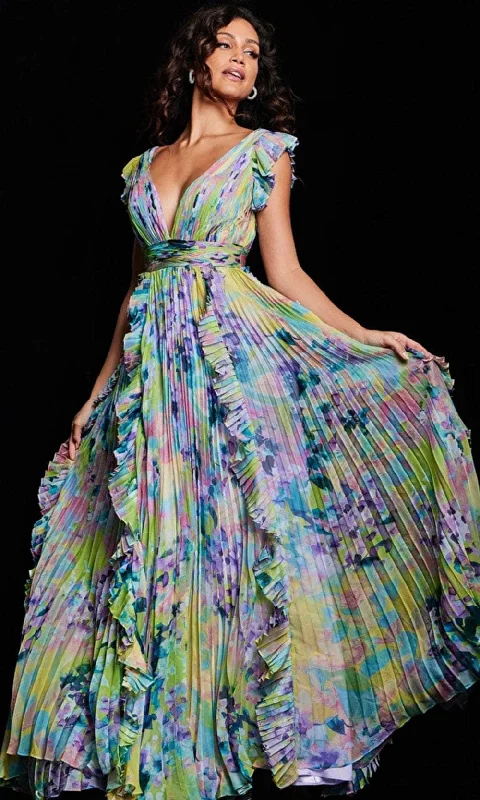 Jovani 34412SC - Flutter Sleeve Floral Evening Dress Tunics Denim casual