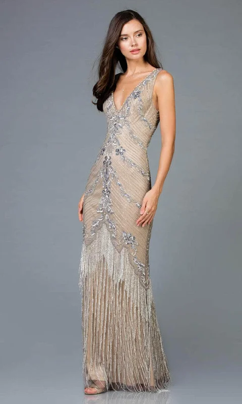 Scala - 48951 Plunging V-Neck Rhinestone Accented Evening Dress Tunics Yoga stretchy