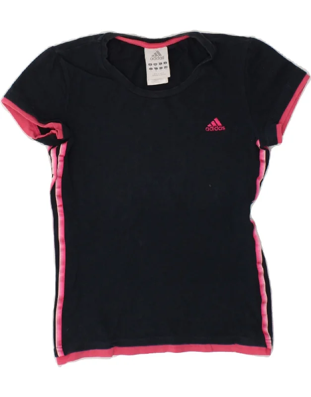 ADIDAS Womens T-Shirt Top UK 8 Small Navy Blue Cotton Asymmetrical Pockets Print
