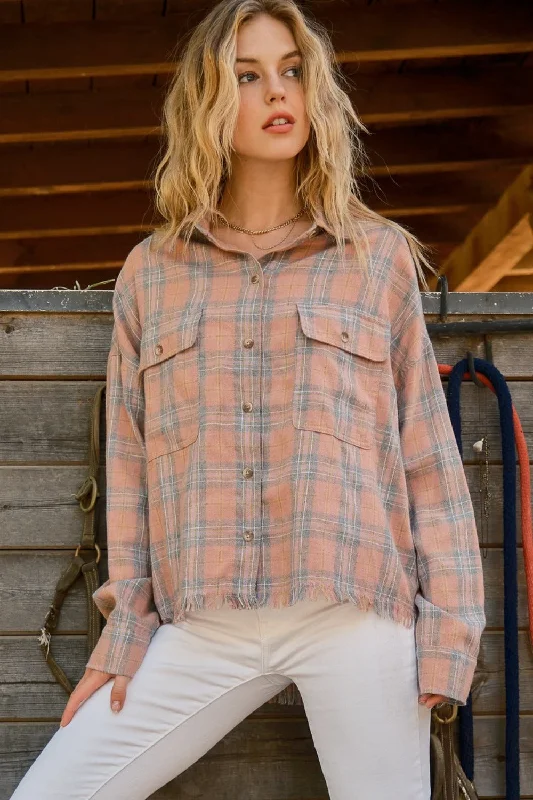 And The Why Full Size Plaid Button Up Raw Hem Shirt Iron Safe Non-Iron Wrinkle Free