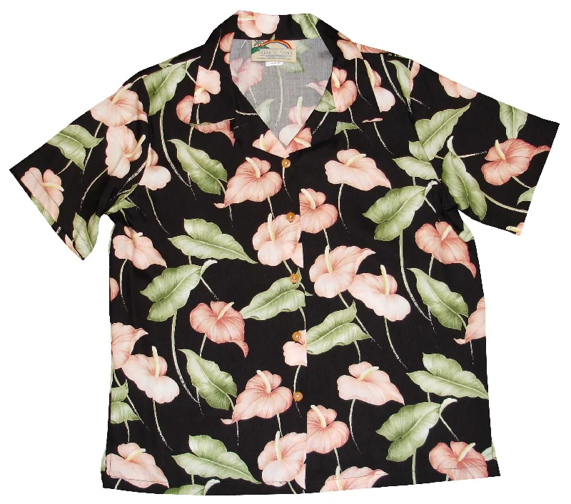 Anthurium Garden Women's Hawaiian Camp Shirt Front Pockets Side Pockets Patch Pockets