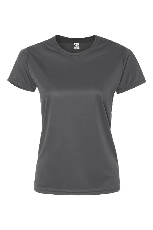 C2 Sport Womens Performance Moisture Wicking Short Sleeve Crewneck T-Shirt - Graphite Grey Striped Floral Plaid