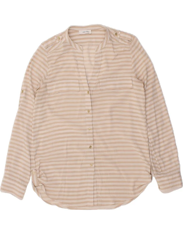 CALVIN KLEIN Womens Shirt UK 14 Medium Beige Striped Ribbed Striped Patterned