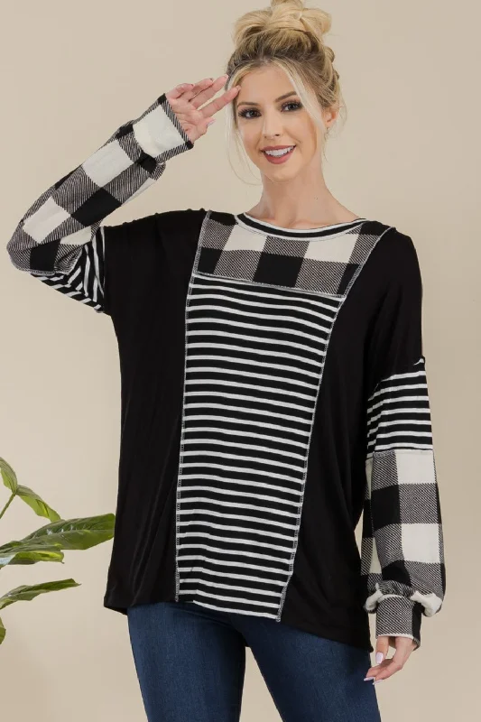 Celeste Full Size Color Block Exposed Seam T-Shirt Houndstooth Herringbone Solid