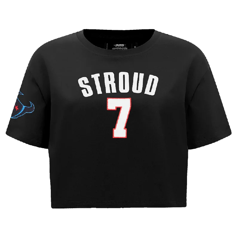 NFL HOUSTON TEXANS CJ STROUD #7 CLASSIC WOMEN'S SJ BOXY TEE (BLACK) Notch Collar Peter Pan Collar Cowl Neck