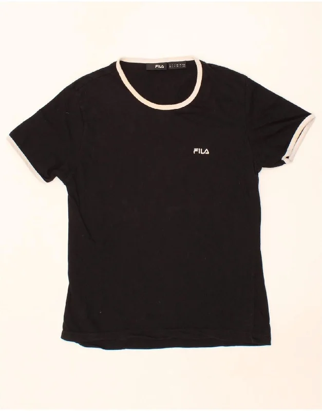 FILA Womens T-Shirt Top UK 14 Medium Black Cotton Welt Pockets Slit Pockets Flap Pockets