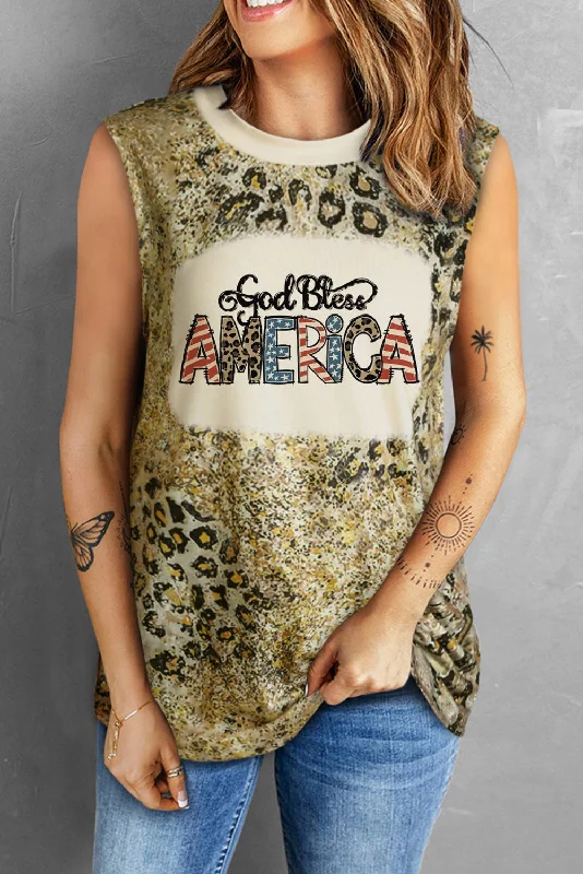 GOD BLESS AMERICA Graphic Leopard Tank sheer tank top