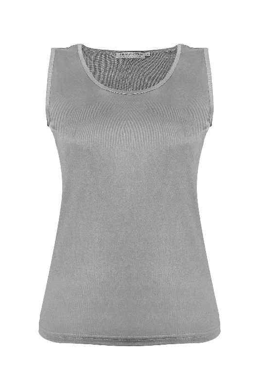 Grey Marina Silk Round Neck Sleeveless T-Shirt Mesh Canvas Denim