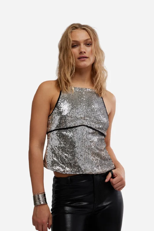 Free People James Sequin Tank in Silver Combo slim fit tank