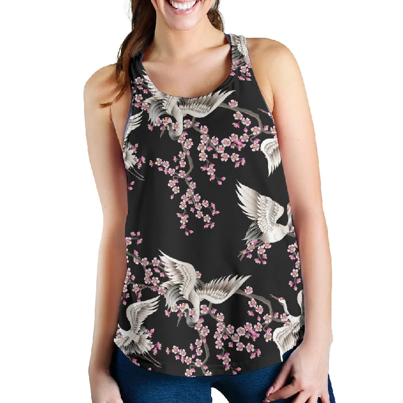 Japanese crane pink sakura pattern Women Racerback Tank Top ivory tank top