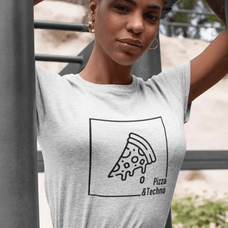 Pizza & Techno T-Shirt (schwarz oder weiß / Frauen) Basic T-Shirt Crew Neck Short Sleeve