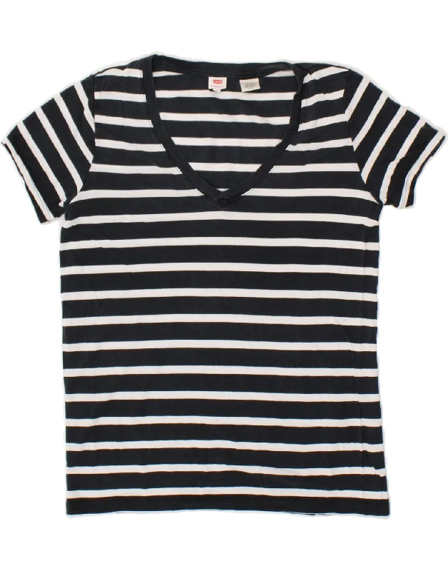 LEVI'S Womens T-Shirt Top UK 10 Small Navy Blue Striped Sequined Glittery Shiny
