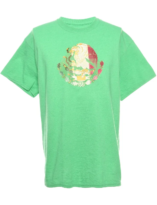 Light Green Printed T-shirt - L Welt Pockets Slit Pockets Flap Pockets