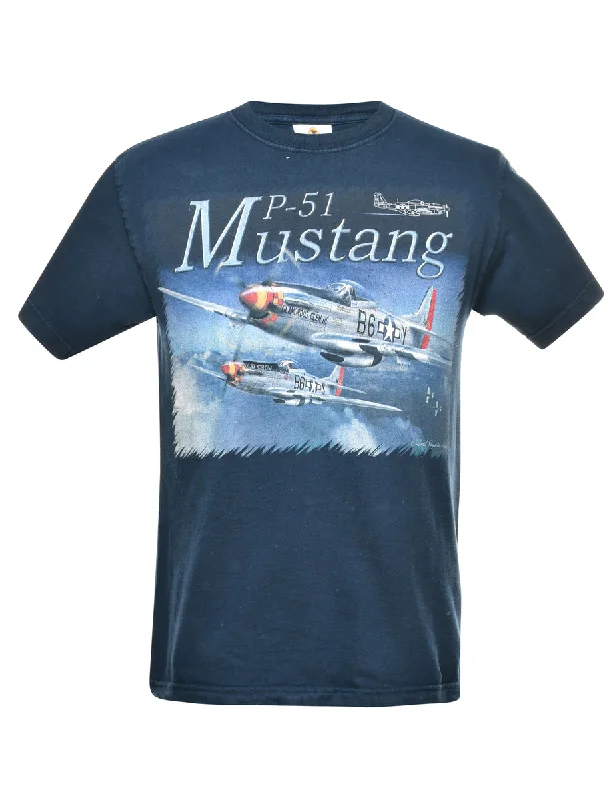 Mustang Navy Printed T-shirt - M Jersey Fabric Tulle Fabric Batik Fabric