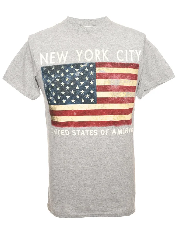 New York Grey Printed T-shirt - M Zippered Front Buttoned Front Snap Front