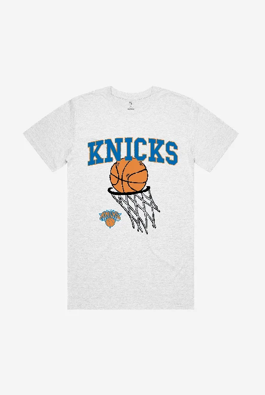 New York Knicks Net T-Shirt - White Ash Graphic Embroidered Appliqued