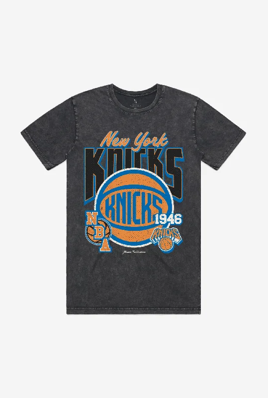 New York Knicks Stonewash T-Shirt - Black Graphic Embroidered Appliqued
