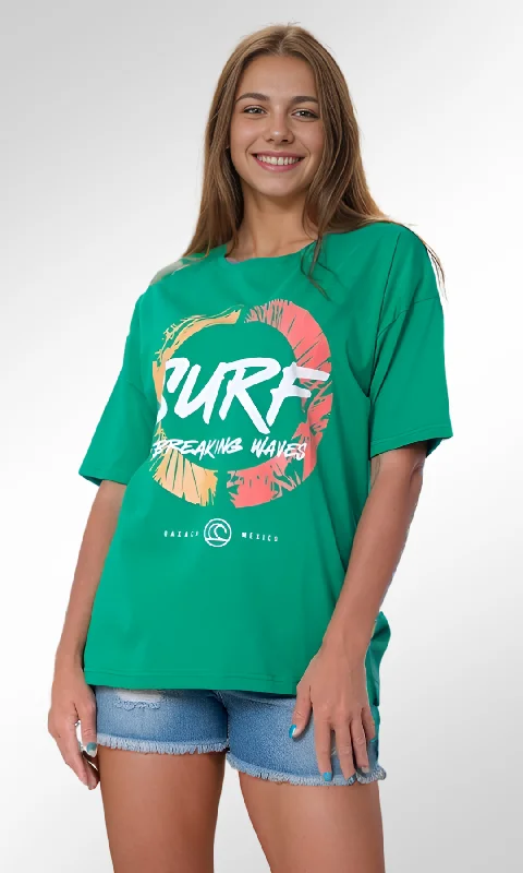 Over Size Women T-Shirt SURF (Green) Fleece Nylon Spandex