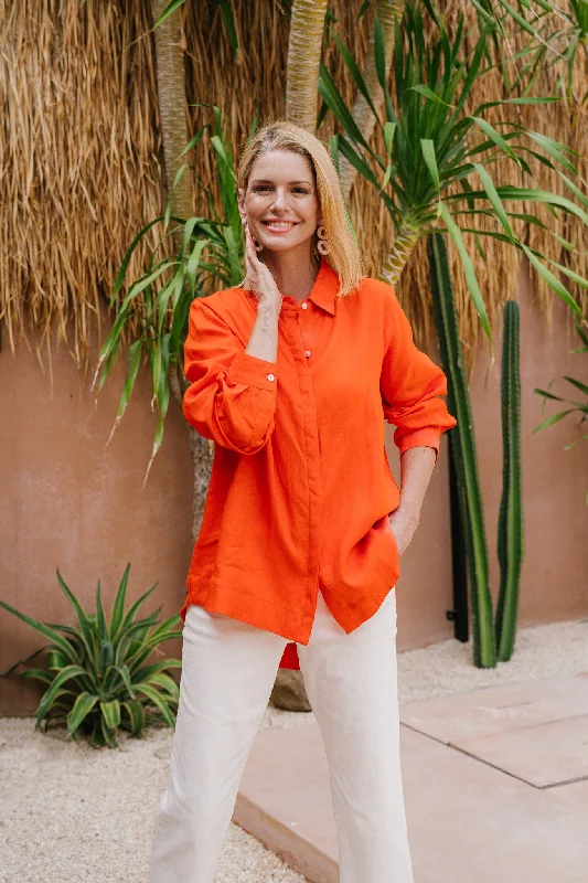 Oversized Linen Boyfriend Shirt in Tangerine Thin T-Shirt Open Front Quick Dry