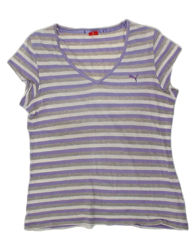 PUMA Womens T-Shirt Top UK 14 Large  Purple Striped Cotton Hooded Caped Shawl Collar