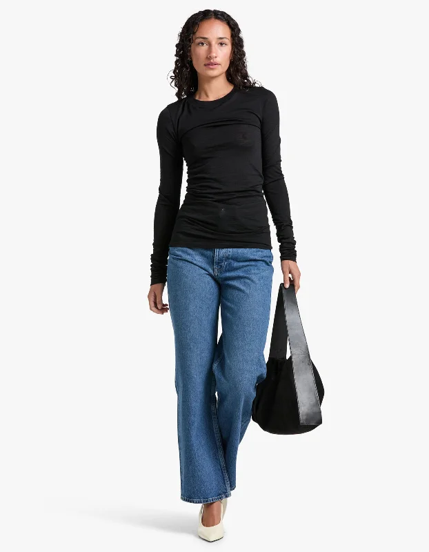 Ruched Long Sleeve Tee - Black Beaded Sequined Faux Fur