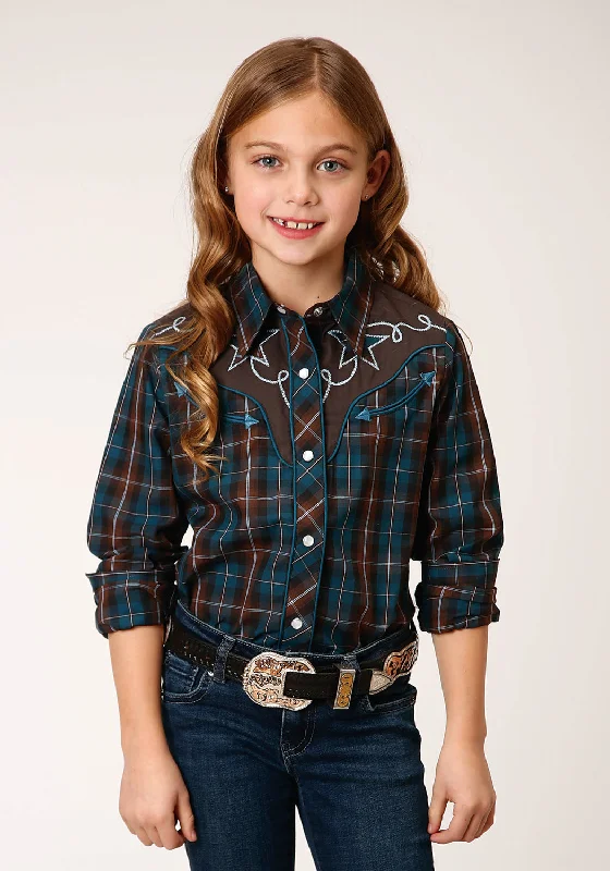 Roper Girls Brown/Teal Cotton Blend Windowpane L/S Plaid Shirt Notch Collar Peter Pan Collar Cowl Neck Roper Girls Brown/Teal Cotton Blend Windowpane L/S Plaid Shirt Notch Collar Peter Pan Collar Cowl Neck