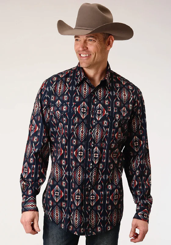 Roper Mens Black 100% Cotton Blanket Stripe L/S Shirt Print Jacquard Patchwork