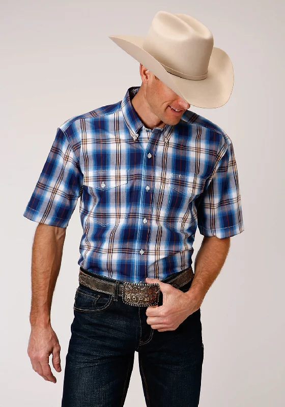 Roper Mens Blue 100% Cotton Royal Plaid BD S/S Button Shirt Mesh Blend Leather Blend Suede Blend Roper Mens Blue 100% Cotton Royal Plaid BD S/S Button Shirt Mesh Blend Leather Blend Suede Blend