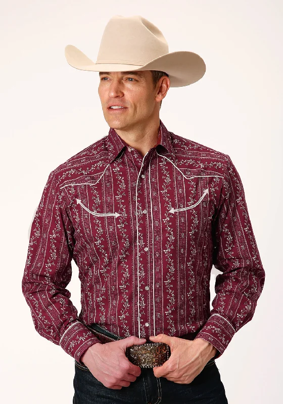 Roper Mens Brick Red Cotton Blend Cream L/S Retro Shirt Layered Multi-layer Single Layer