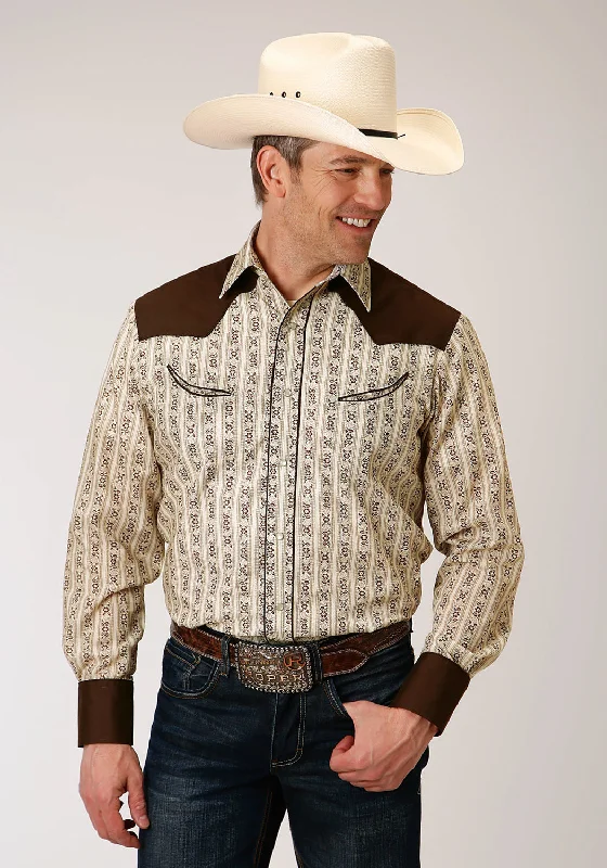 Roper Mens Cream/Brown Cotton Blend Wallpaper L/S Fancy Shirt Zippered Front Buttoned Front Snap Front Roper Mens Cream/Brown Cotton Blend Wallpaper L/S Fancy Shirt Zippered Front Buttoned Front Snap Front