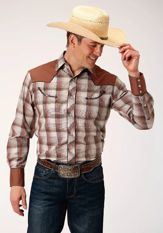 Roper Mens Tan/Brown Cotton Blend Wine Plaid L/S Retro Shirt Anti-Shrink Durable Soft Roper Mens Tan/Brown Cotton Blend Wine Plaid L/S Retro Shirt Anti-Shrink Durable Soft