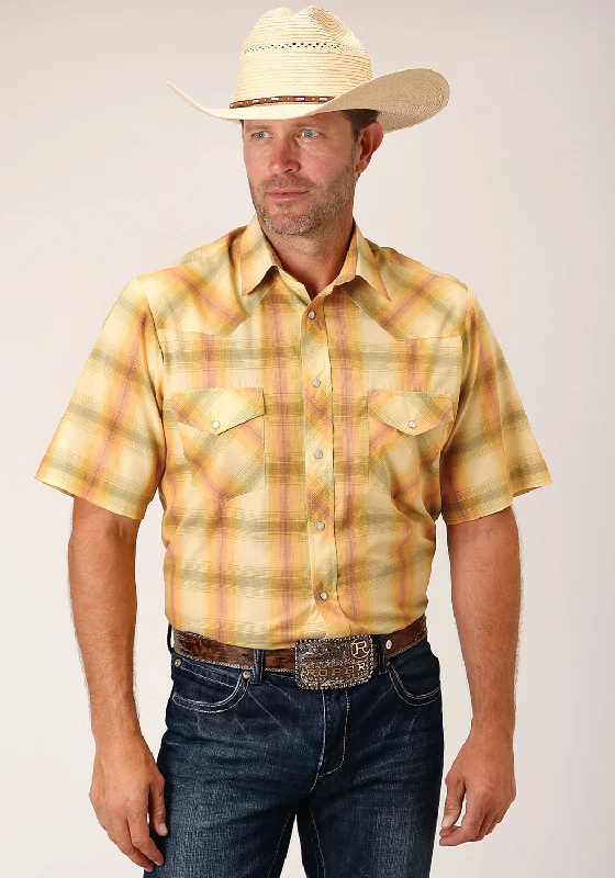 Roper Mens Yellow/Tangerine Cotton Blend Plaid S/S Shirt Mesh Fabric Canvas Fabric Denim Fabric Roper Mens Yellow/Tangerine Cotton Blend Plaid S/S Shirt Mesh Fabric Canvas Fabric Denim Fabric