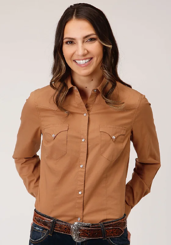 Roper Womens Caramel 100% Cotton Poplin L/S Snap Shirt Hooded Caped Shawl Collar