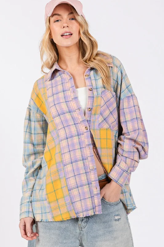 SAGE + FIG Button Up Raw Hem  Plaid Flannel Shirt Elegant Classic Vintage