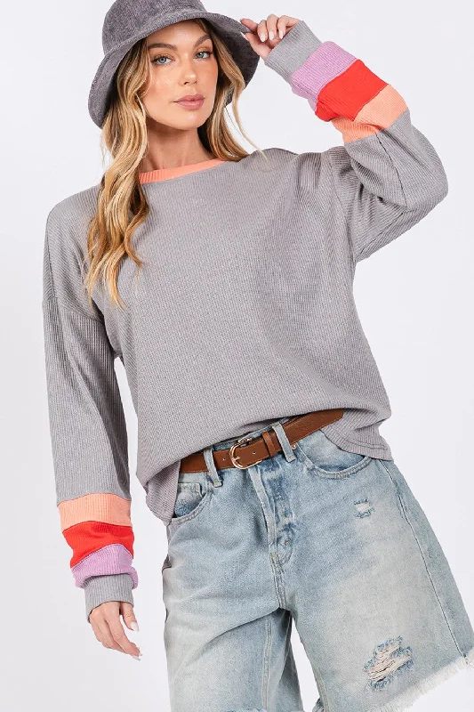 SAGE + FIG Color Block Waffle Knit T-Shirt Notch Collar Peter Pan Collar Cowl Neck