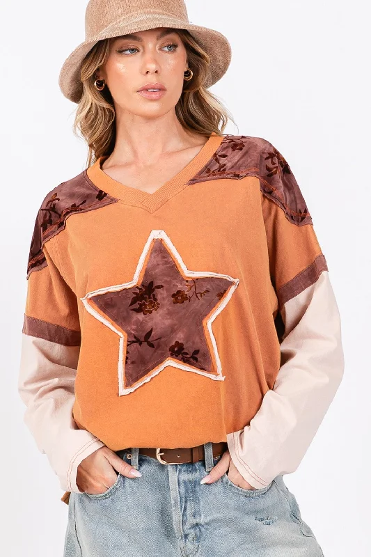 SAGE + FIG Star Patch Long Sleeve Color Block T-Shirt Fleece Fabric Down Fabric Feather Fabric SAGE + FIG Star Patch Long Sleeve Color Block T-Shirt Fleece Fabric Down Fabric Feather Fabric