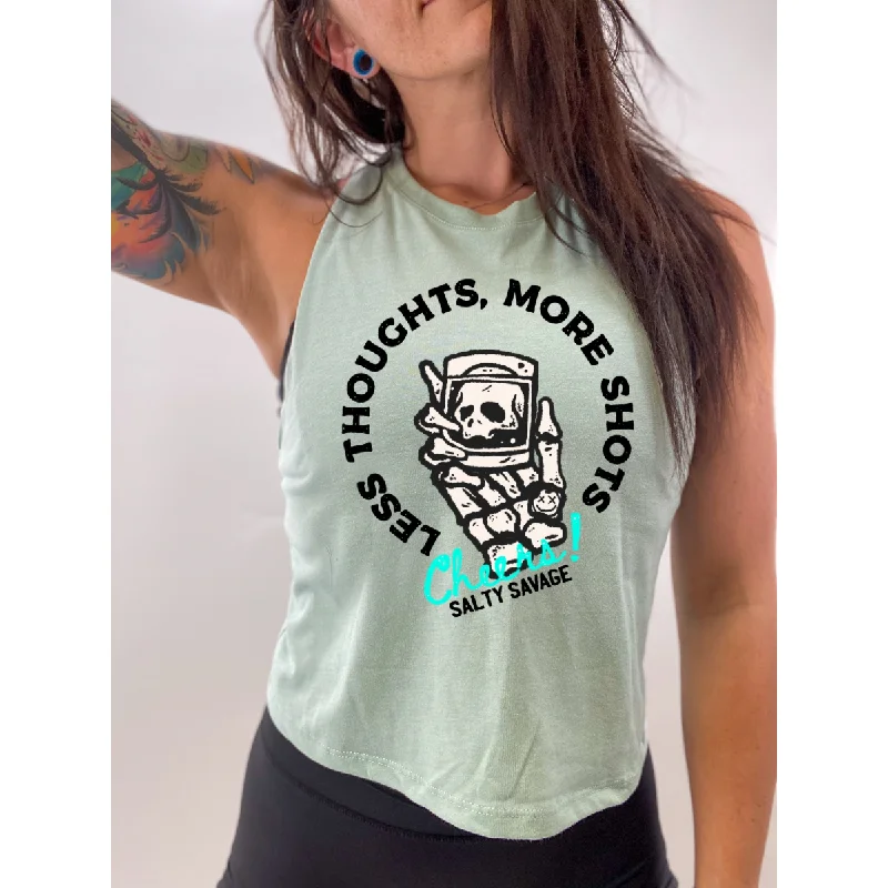 Salty Savage Ladies “LESS THOUGHTS, MORE SHOTS" Flowy Crop Tank gold tank top