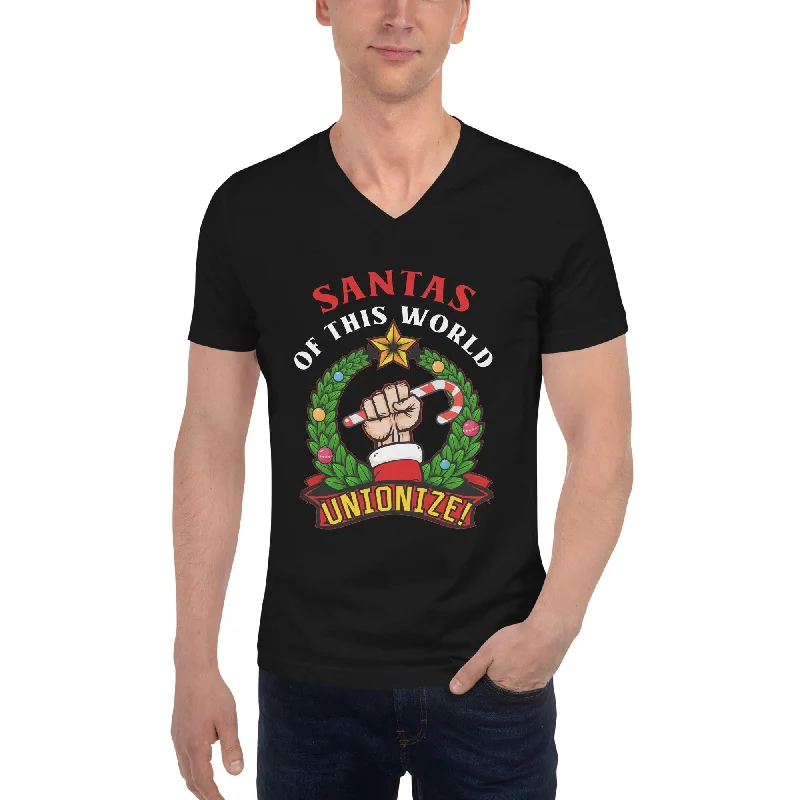 Santas of this world, Unionize! - Unisex V-Neck T-Shirt Beaded Sequined Faux Fur