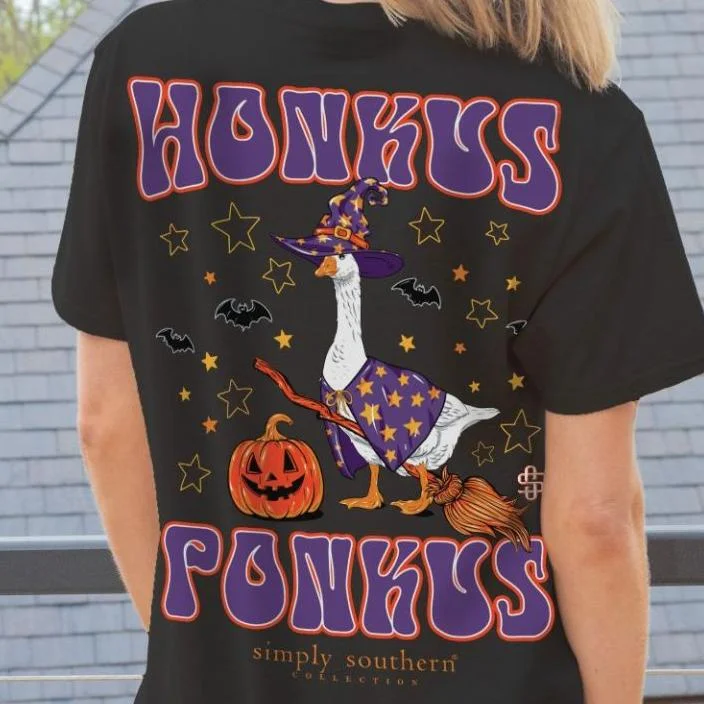 Simply Southern Women's "Honkus Ponkus" Goose Halloween Tee Denim Fabric Leather Fabric Suede Fabric