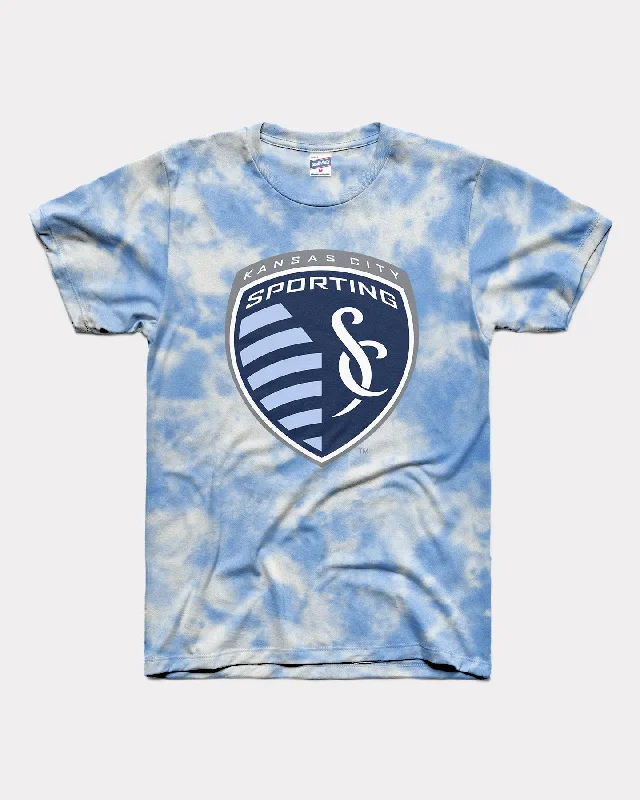 Sporting KC Logo Shield Blue Tie Dye T-Shirt Ribbed Striped Patterned